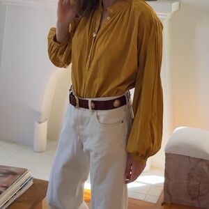 Black Crane Mustard Yellow Balloon Sleeve Blouse | Minimalist Designer Top